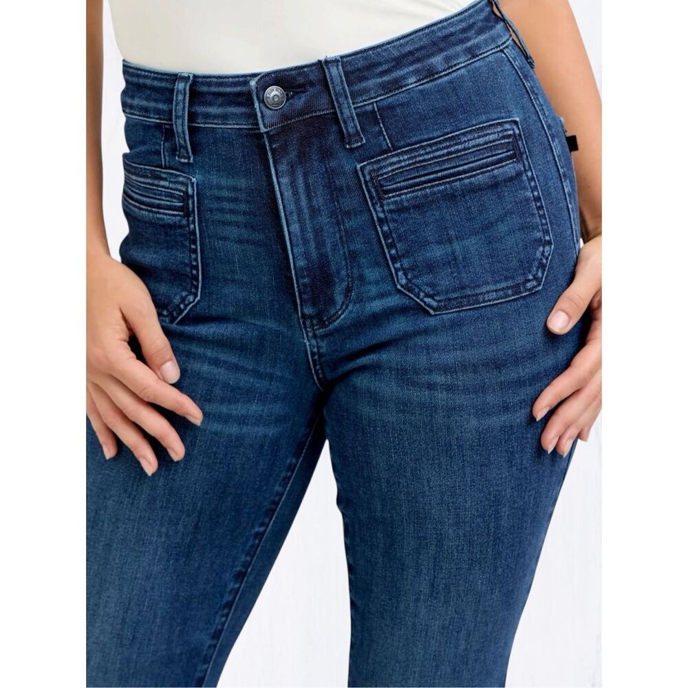 Judy Blue High Rise Flare Jeans Dark Wash Tummy Control Stretch Patch Pocket NEW - Picture 5 of 11